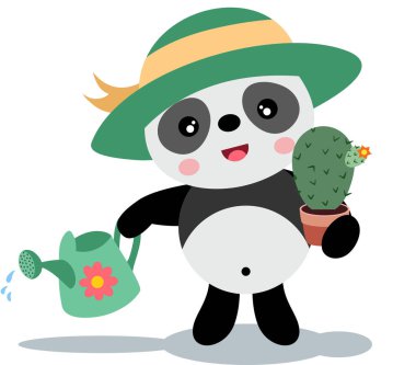 Şirin panda bahçıvanı elinde kaktüs tenceresi ve su kabı tutuyor.