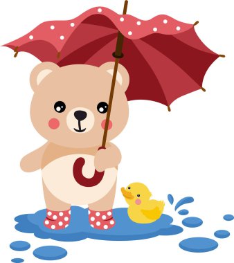 Çizmeleri ve şemsiyesi olan sevimli bir oyuncak ayı.