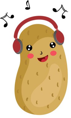 Komik patates karakteri maskotu müzik dinliyor.
