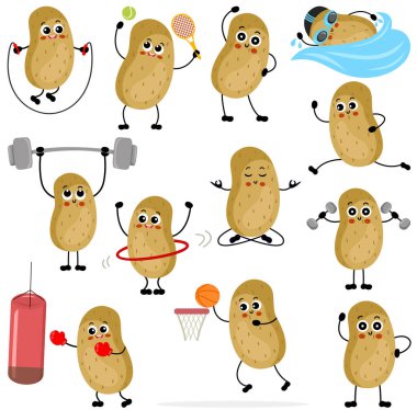 Spor ve spor yapan komik patates maskotunun dijital kolajını ayarla