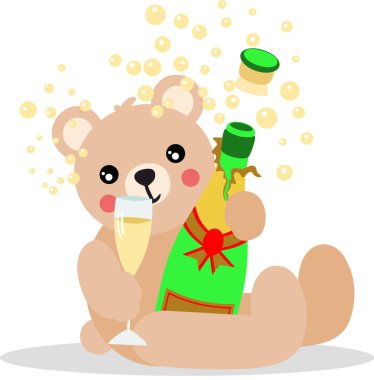 Oyuncak ayı elinde köpüklü şarap şişesiyle kutlama yapıyor.