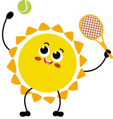 Tenis oynayan sevimli güneş maskotu.