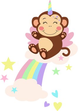 Gökkuşağında bulutlu tek boynuzlu maymun