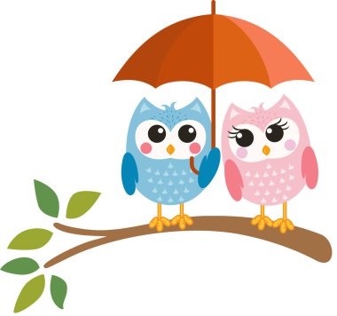 Ağaç dalında şemsiye tutan iki baykuş.