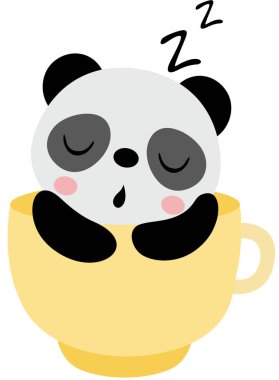 Sarı bir fincanın içinde uyuyan sevimli panda.