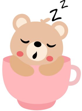 Pembe bir fincanın içinde uyuyan sevimli oyuncak ayı.
