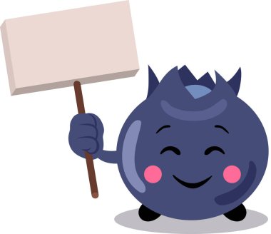 Elinde boş tabela tutan komik yaban mersini maskotu.