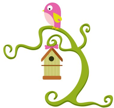 Ağaç dalının tepesinde tahta kafesli küçük bir kuş