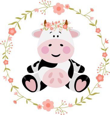 Yuvarlak çerçeveli komik inek bahar çiçekleriyle