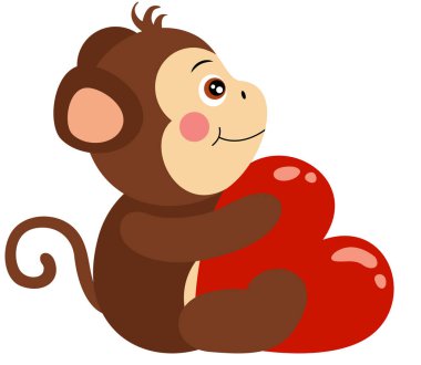 Sevgililer günü maymunu oturmuş elinde kırmızı bir kalp tutuyor