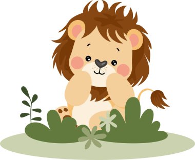 Ormanda yaprakları olan sevimli bir aslan.