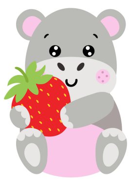 Kırmızı çilek tutan şirin bir hipopotam.