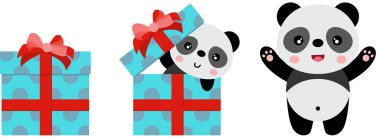 Mavi doğum günü hediyesiyle kırmızı kurdeleli şirin panda.