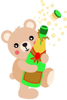 Oyuncak ayı elinde köpüklü şarap şişesiyle kutlama yapıyor.