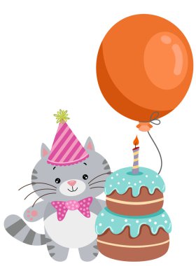 Balonlu şirin kedi ve doğum günü pastası.