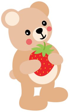 Kırmızı çilek tutan sevimli oyuncak ayı.