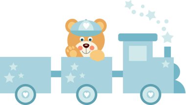 Cute baby boy teddy bear on blue toy train