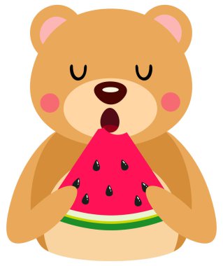 Tatlı ayıcık bir dilim karpuz yiyor.