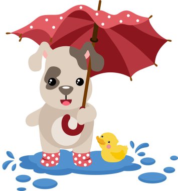 Botları olan şirin bir köpek ve şemsiye tutan sarı ördek.