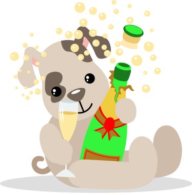 Yavru köpek elinde bir şişe köpüklü şarap tutarak kutluyor.