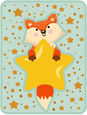 Kocaman bir yıldızla uçan şirin tilki dolu tebrik kartı.