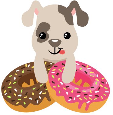 Çilekli ve çikolatalı donutlu komik köpek.