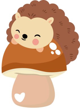 Kahverengi mantarın üstünde uyuyan dost canlısı kirpi.