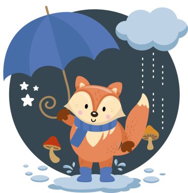 Şemsiye yağmurlu küçük tilki tasviri