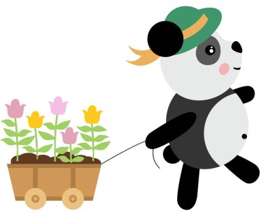 Bahçıvan panda çiçeklerle ahşap küçük arabayı çekiyor.