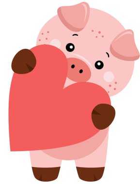 Kırmızı Kalp Tutan Sevimli Domuz