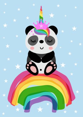 Panda Tek Boynuzlu At Yıldızlı Gökkuşağında Gökkuşağına Biniyor