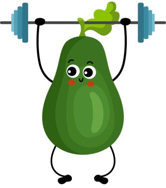 Komik yeşil avokado karakter maskotu spor salonu yapıyor.
