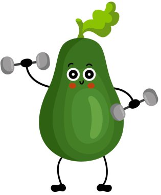 Komik avokado karakteri maskotu spor salonu yapıyor.