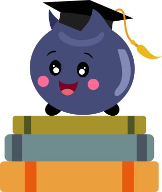 Mutlu Mezuniyet Böğürtlen Maskotu Kitapların Üzerinde Oturuyor
