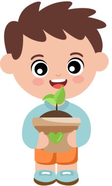 Küçük Yeşil Bitki Tutan Mutlu Çocuk