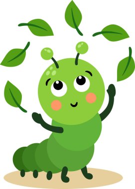 Sevimli Yeşil Tırtıl Yapraklarla Oynuyor