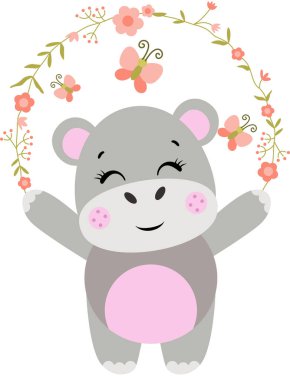 Çiçekli Kelebek Çelenkli Şirin Su Aygırı