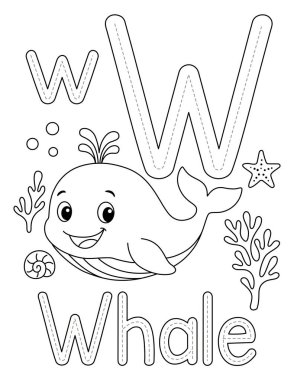 Gülen Karikatür Balina Alfabesi W Renk Sayfası