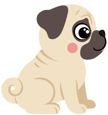 Tatlı Bej Pug Puppy Çizgi Filmi Oturuyor ve Gülümsüyor