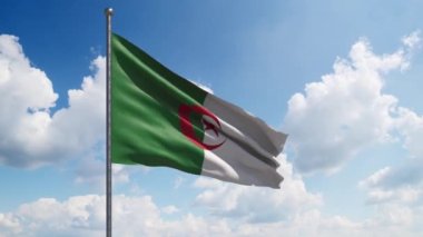 Cezayir Bayrağı, arka planda güzel bulutlar olan ağır çekim dalgaları. Büyük Cezayir bayrağı dalgalanır. Ulusal Bayram Kutlaması - İşçi Bayramı, Bağımsızlık, Anma, Gaziler, Vatanseverler, Cumhurbaşkanları Günü