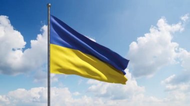 Arka planda güzel bulutlar olan Ukrayna bayrağı ağır çekimde sallanıyor. Büyük Ukrayna bayrağı dalgalanır. Ulusal Bayram Kutlaması - İşçi Bayramı, Bağımsızlık Anayasa Günü, Cumhurbaşkanlığı Günü