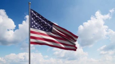 Arka planda güzel bulutlar olan USA Flag Waving Slow Motion. Büyük Amerikan Bayrağı dalgaları. Ulusal Bayram Kutlaması - İşçi Bayramı, Bağımsızlık, Anma, Gaziler, Vatanseverler, Cumhurbaşkanları Günü