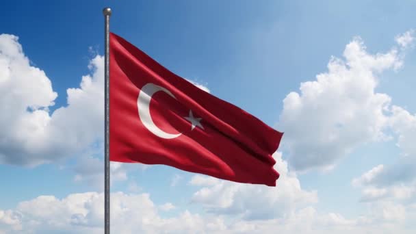Bandeira Turca Acenando Lento Movimento Com Belas Nuvens Fundo Grande — Vídeo de Stock