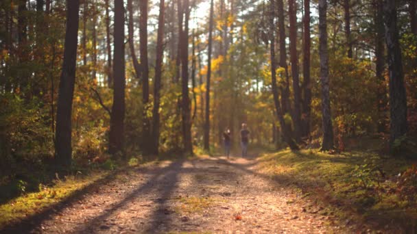 Atraktivní Pár Který Běží Sám Podzimním Lesem — Stock video