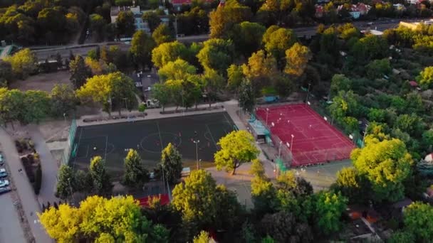 Aerial Top View Soccer Players Green Orange Football Fields Παίζοντας — Αρχείο Βίντεο
