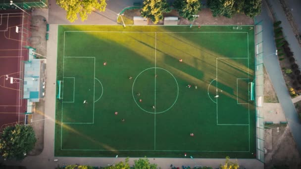 Letecký Top Pohled Fotbalové Hráče Zelené Fotbalové Hřiště Hraje Fotbal — Stock video