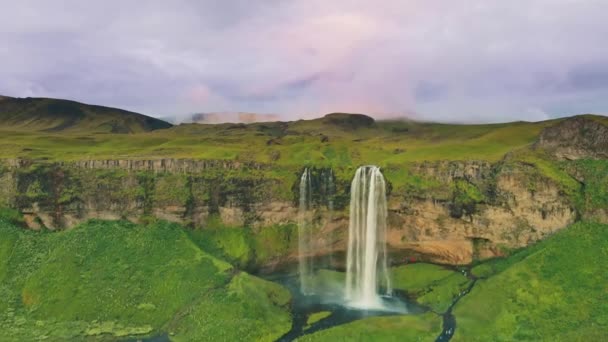 Islândia Cachoeira Seljalandsfoss Bela Paisagem Islandesa Atracção Turística Famosa Destino — Vídeo de Stock