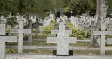 Mezar taşı manzaralı. Varşova 'daki bir askeri mezarlıkta beyaz mermer mezar taşı. Ölüm ve ölüm kavramı.