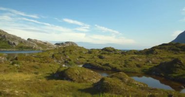 Sakin İskandinav manzarasının yavaş çekim patlaması. Mavi gökyüzü ve bol yeşillik ile yaz..