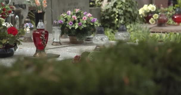 Цвинтарний Надгробок Свічками Квітами Фокусом Дефоксом Сірий Мармуровий Камінь Кладовищі — стокове відео